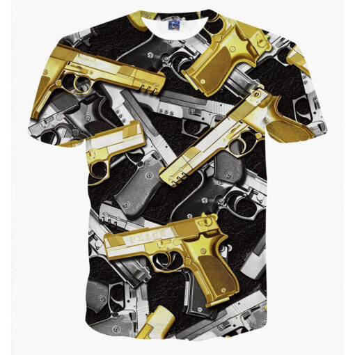 top women / men's short sleeve shirt printing yellow 3d funny shirt gun more