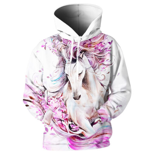 Men White Horse butterfly creative 3D printing loose hooded Harajuku